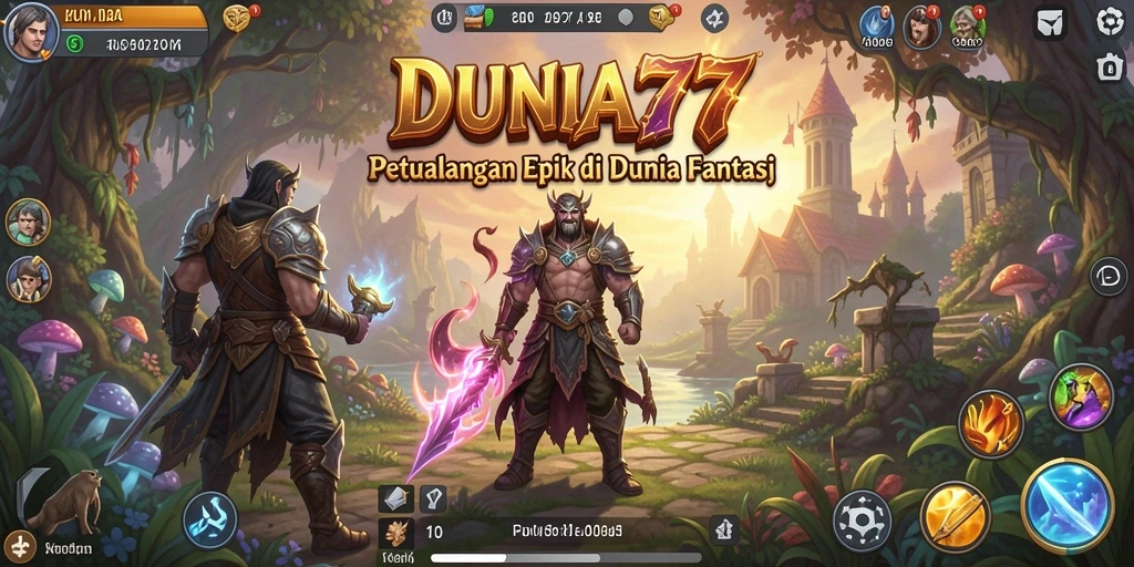 Tangkapan layar dari gameplay DUNIA77 menampilkan pertarungan mendebarkan di dunia fantasi.